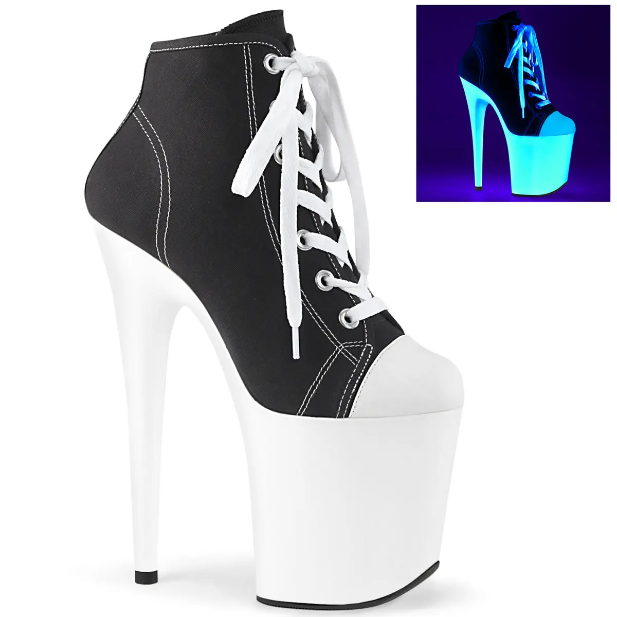 Pleaser Women's Lace-Up Canvas Sneaker Booties, Black/White 8-Inch Platform Heels with Side Zip and Blacklight Reactive Details, Lace Up Booties, Party, Alt Girls, Footwear, Statement Shoes, Ankle Height, Bold Look, Evening, Dynamic Platform, Reactive Sol
