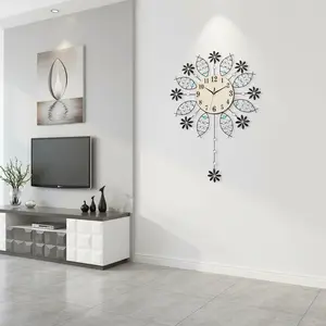 Black Floral Wall Clock for Living Room Bedroom Modern Iron Metal