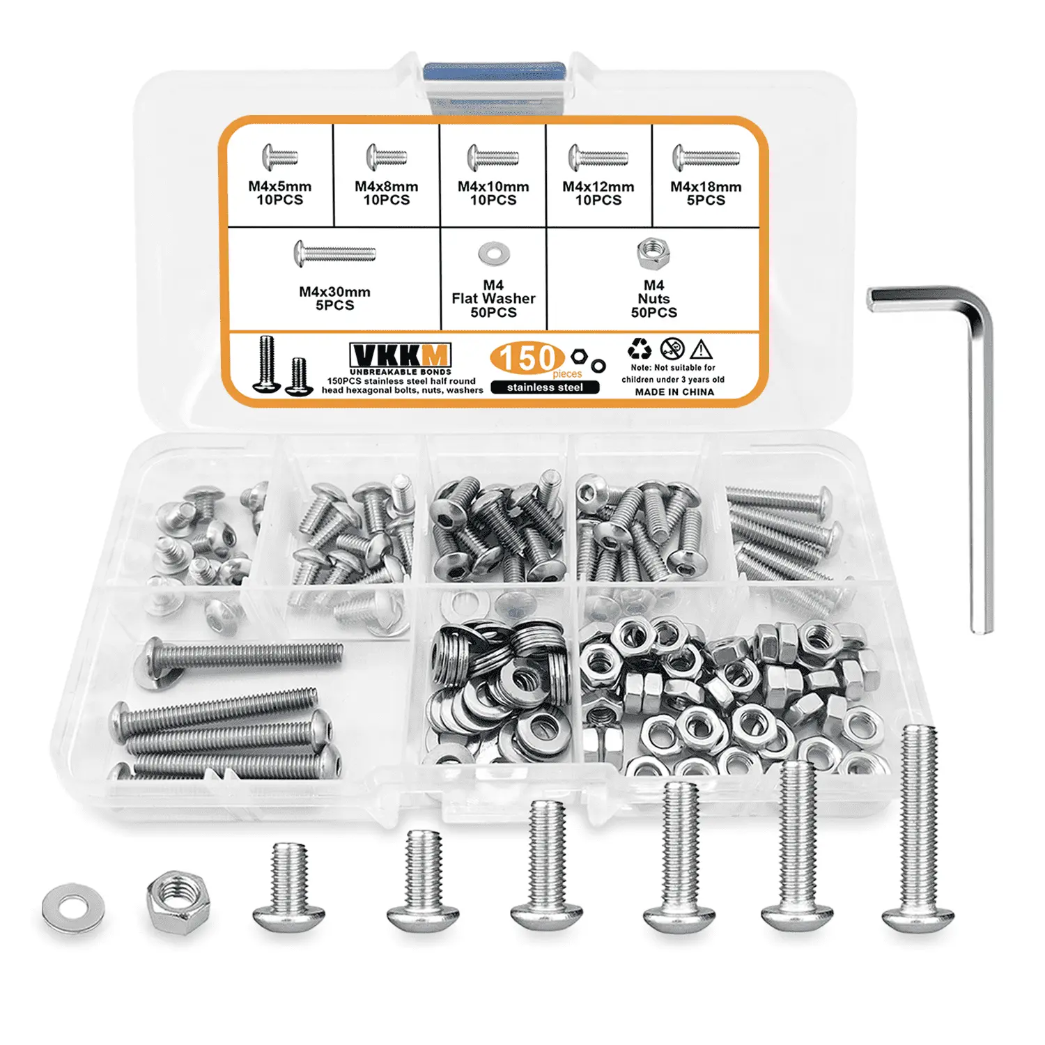 VKKM 150Pcs M4 Button Head Hex Socket Cap Screws Assortment Kit, 304 Stainless Steel Rust-Resistant Allen Bolts with Nuts & Flat Washers, Allen Wrench Included for Furniture Fixing, Wood/Metal/Drywall DIY Repair