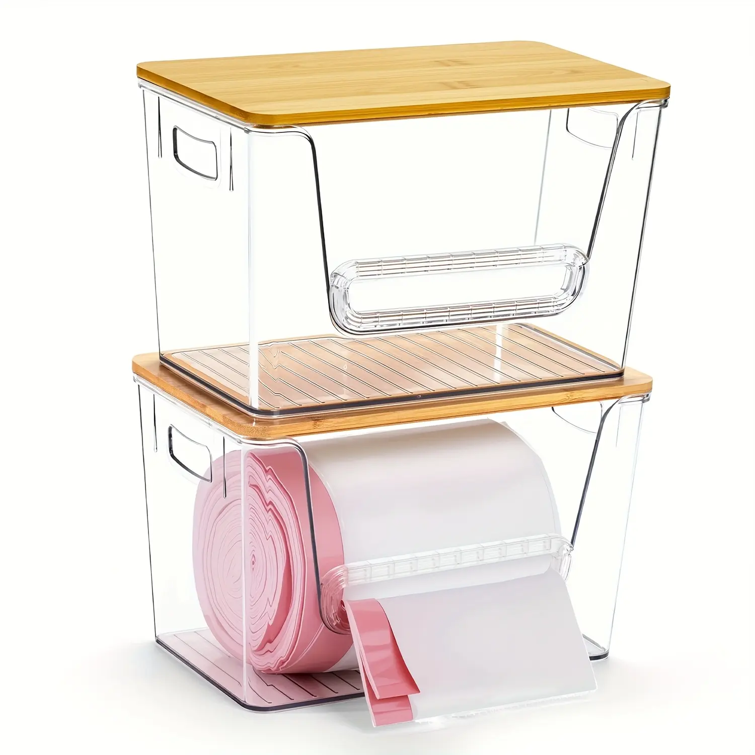 2-Count Rectangle Plastic Trash Bag Holder with Bamboo Lid - Stackable Wooden Storage Organization Solution, Transparent Extra Large Reusable Box for Kitchen Accessories, Under Sink Organization