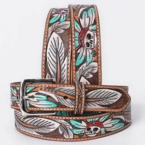 OHLAY Beautifully hand tooled Genuine American Leather Belt Men and Women Painted