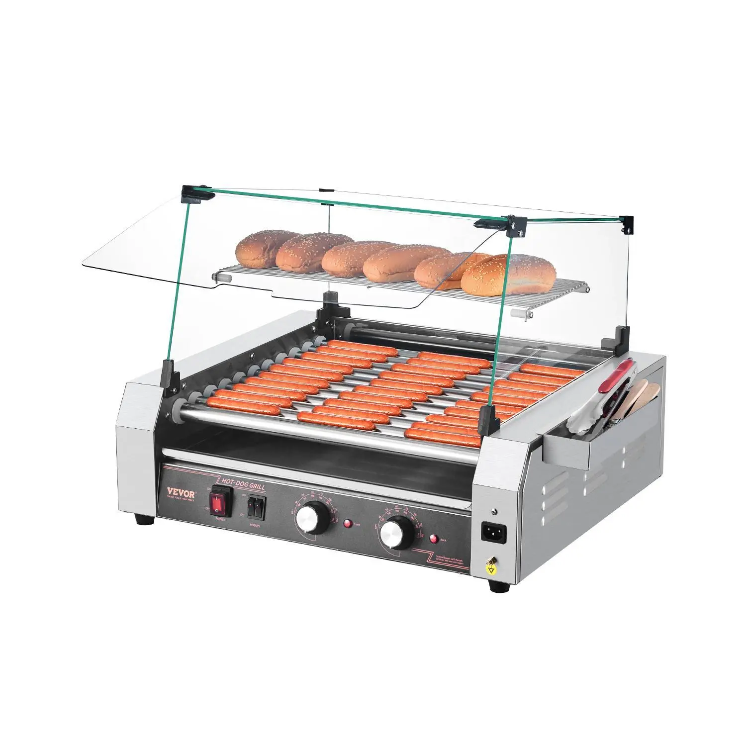 VEVOR Corded Electric 30-Hot Dog 11-Roller Commercial Cooking Grill Cooker Machine with Stainless Steel Build, Cleaning Brush, Storage Box, 1600W, Cooking Grills, Food Stands