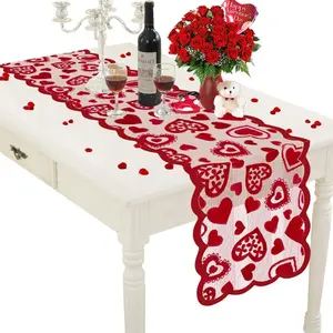 1pc Valentines Day Decorations Table Runner 13 X 72 Inch Lace Heart Table Runner For Wedding Party holiday party table decor   Valentine's Day Red lace Table Runner Runners