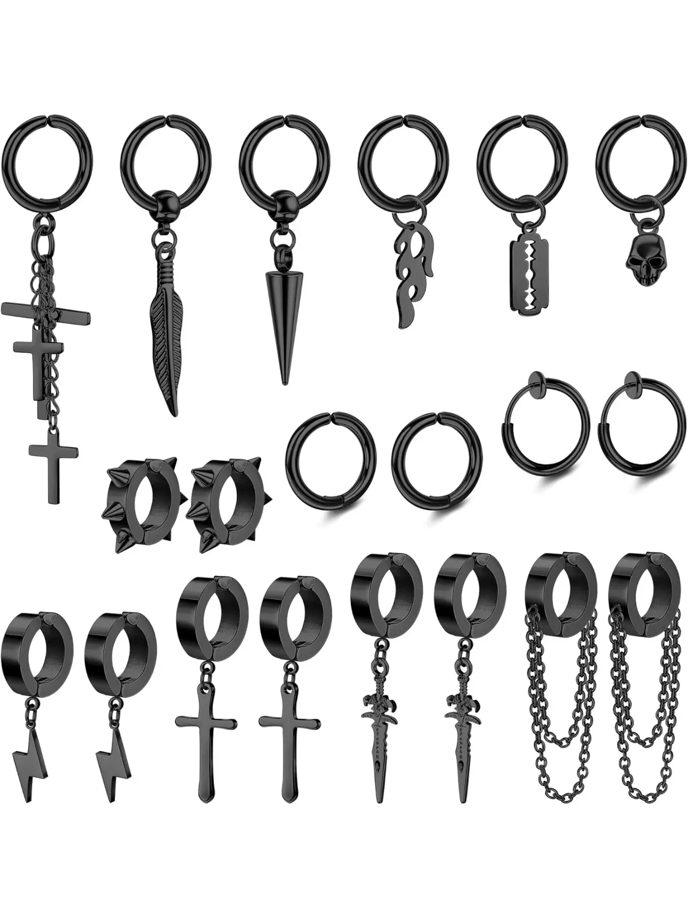 26Pcs Clip On Earrings for Men Stainless Steel Non Pierced Cross Chain Lightning Feather Spike Skull Dangle Huggie Hoop Fake Earrings Set Black Silver Gold Tone Chain Dangles Non Piercing Jewelry