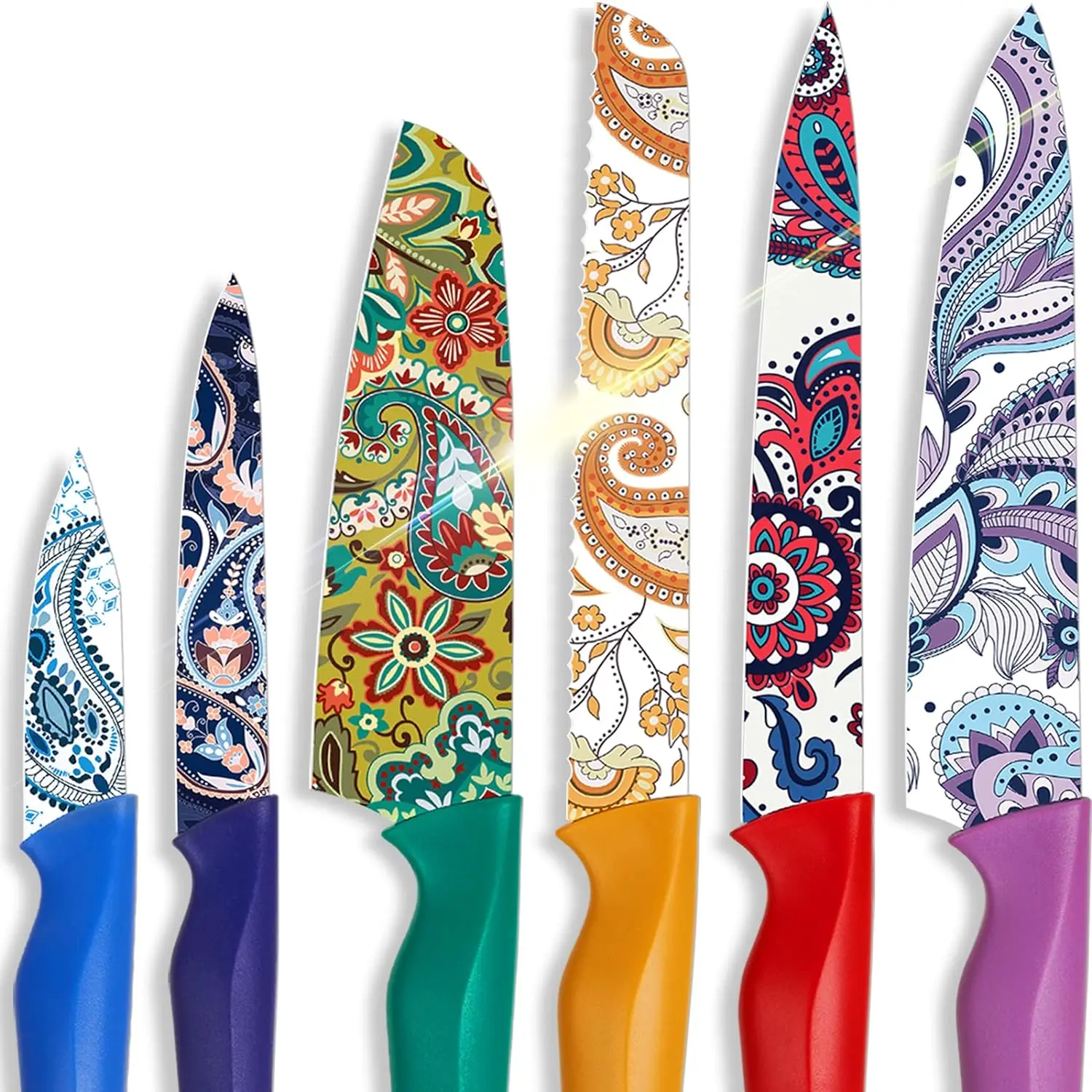 【Summer sale】Astercook Paisley Knife Set – Cook with Love, A Thoughtful Valentine’s Day Gift for Home Cooks, 6-Piece Colorful Kitchen Knife Set Utensils Breadknife Kitchenware Block