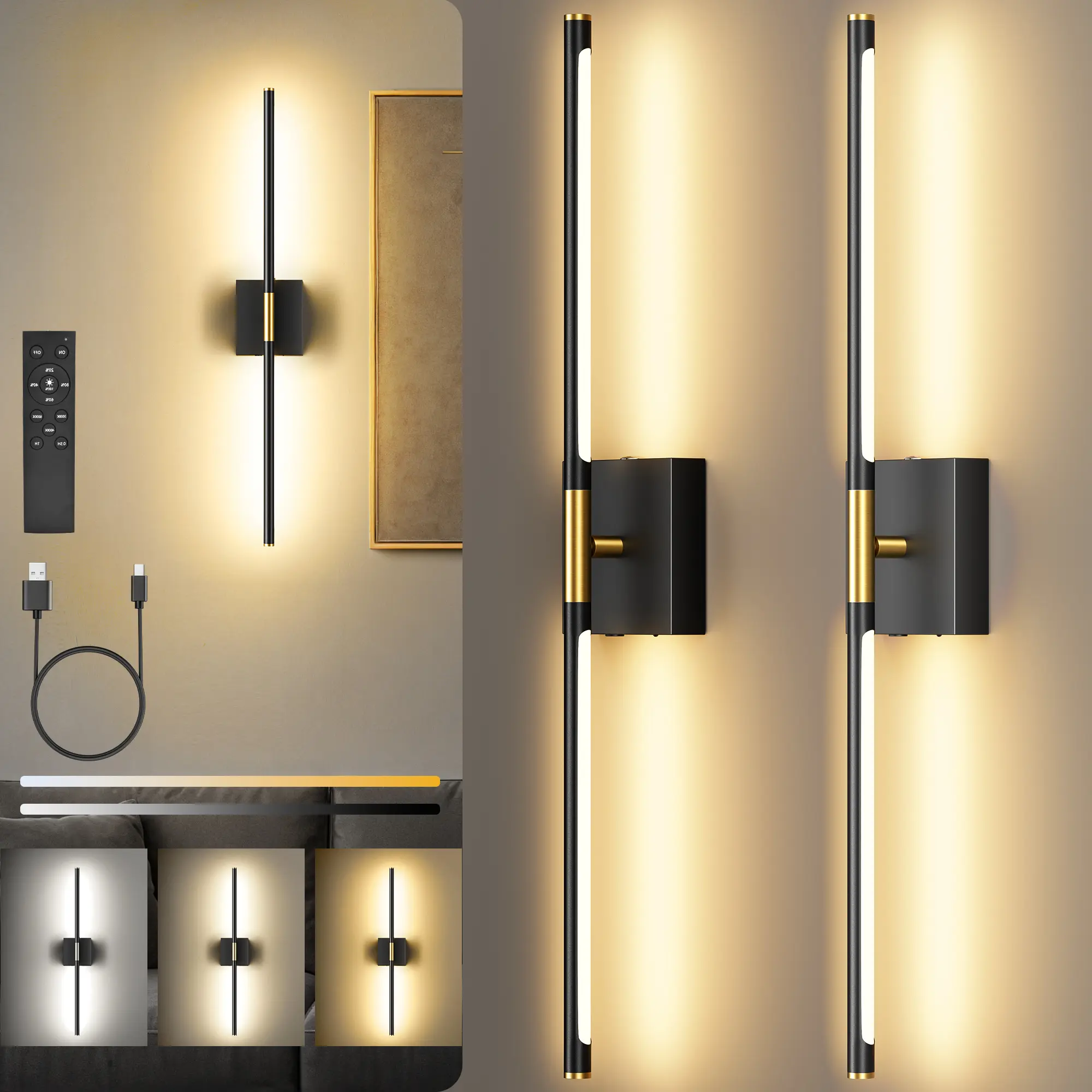 【Non-Removable Battery】Battery Operated Wall Lights Set of Two, Non-Removable Battery, 10000mAH Rechargeable Wall Lamps with Remote Control, Dimmable Black Gold LED Wireless Wall Sconces for Bedroom, Living Room, Hallway, Dining Room, 360° Rotate 3CCT