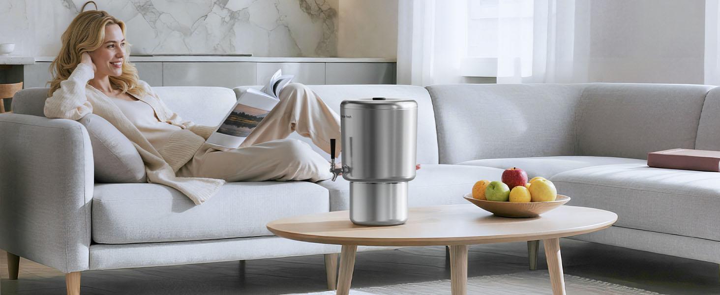 Glacier Fresh 2.25G Countertop Gravity-Fed Stainless Water Filter System with Nanofiber Filter for PFAS Microplastic Bacteria Virus Removal