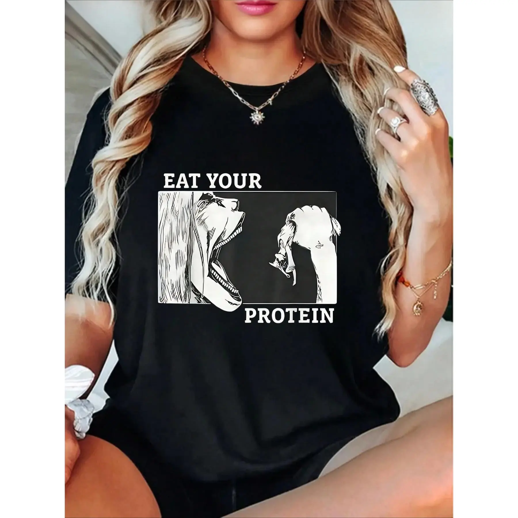 Casual Regular-Fit Short-Sleeve Graphic Sports Top - Quirky "Eat Your Protein" Design for Promoting Healthy Eating Habits, Shortsleeve, Tops