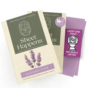 Sheet Happens Pre-Poo Toilet Sheets, Lavender Field Scent, 2 Pack, 40 Dissolvable Odor Stopping Sheets, Septic Safe