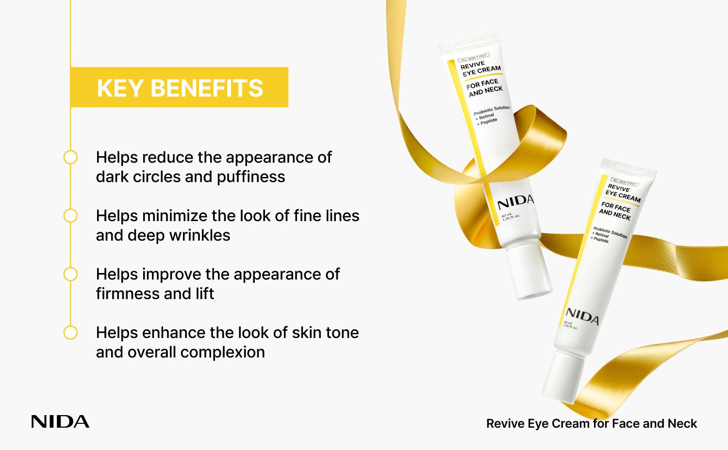 NIDA Revive Eye Cream For Face And Neck (40mL) / Probiotic Solution, Retinal, Peptide / Wrinkles, Fine Lines, Aging Skin