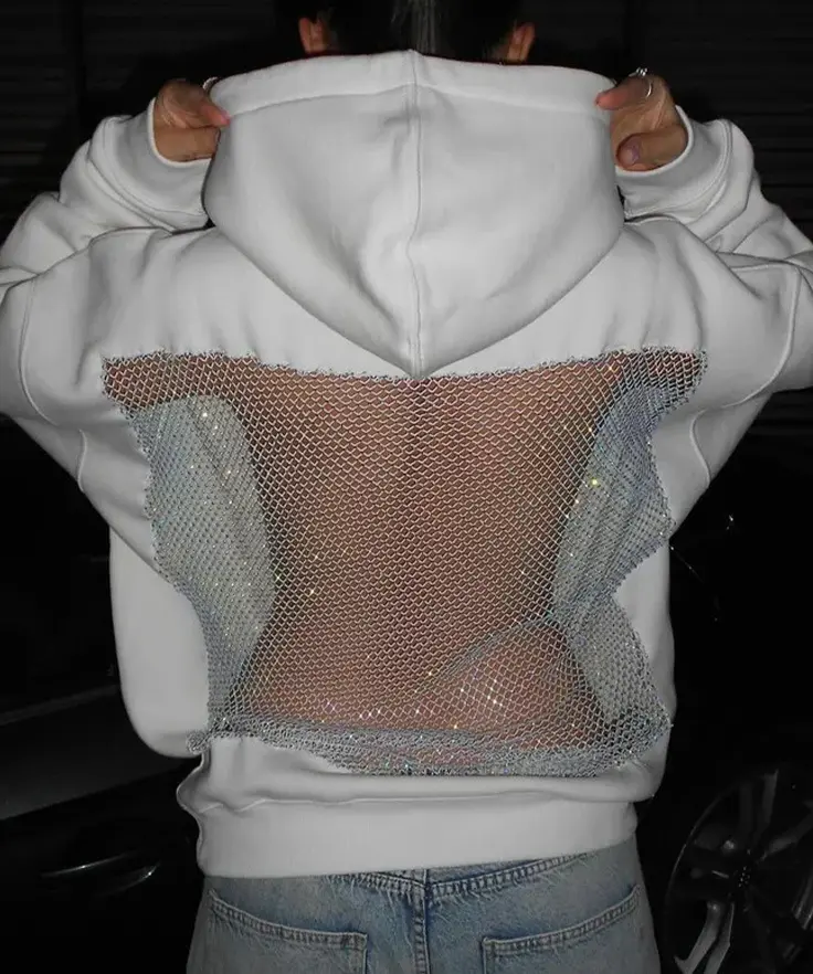 Women's Hooded Long Sleeve Loose Fit Sweatshirt Jacket, Mesh Back Patch, Hollow Out Design, Y2K Style for Daily Wear, Dates, Music Festivals, Casual