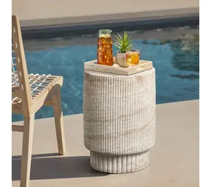 LuxenHome Travertine-Style Round Ribbed MgO Side Table