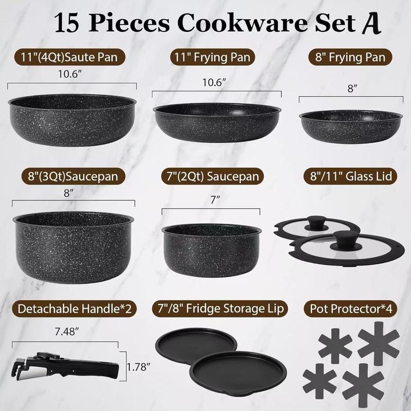 SODAY 15pcs Pots and Pans Set Non Stick, Cookware Sets with Detachable Handle, Nonstick RV Kitchen Cooking Set Removable Handles, Oven Safe,Stackable, Frying, Kitchenware,stock up on specials,Valentines Day gifts