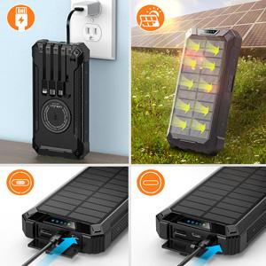 W22OR Power Bank Wireless Charger 36000mAh Built in 4 Cables Six Outputs 15W Fast Charging Power Bank for All Mobile Devices Three Inputs Solar Portable Charger with Dual Flashlights, Carabiner