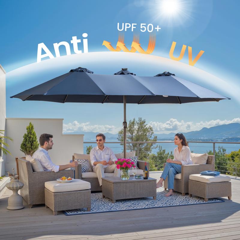 【Rainbow Lighted Umbrella & Table】Ovios 15ft Double-Sided Patio Umbrella with Solar Lights & Umbrella Hold Table, Outdoor Large Umbrellas with Crank Handle and 36 LED Lights, Rectangular Market Umbrella with Base Included for Deck Pool Shade 【Rainbow Lighted Umbrella & Table】Ovios 15ft Double-Sided Patio Umbrella with Solar Lights & Umbrella Hold Table, Outdoor Large Umbrellas with Crank Handle and 36 LED Lights, Rectangular Market Umbrella with Base Included for Deck Pool Shade