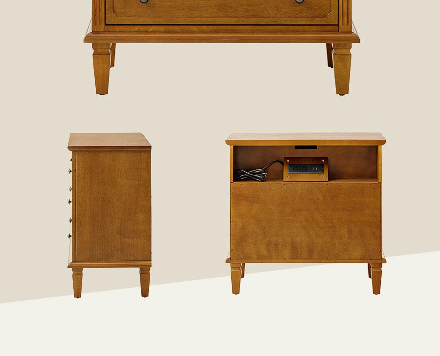 Hulala Transitional Wood End Table with Drawers and Power Outlet Optional Types for Home Decor, Integrated Power Outlet, Timeless Transitional Design, Elegant Knife-Carved Detailing, Three Spacious Drawers, Sturdy Solid Wood Legs Nightstand