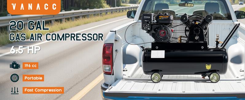 VanAcc 6.5HP Gas Powered Air Compressor, 8/20 Gallon Horizontal Tank with Wheels 10CFM@Max 115PSI, 196cc Loncin Engine Gasoline Driven Piston Pump Air Compressor for Workshop, Construction Sites