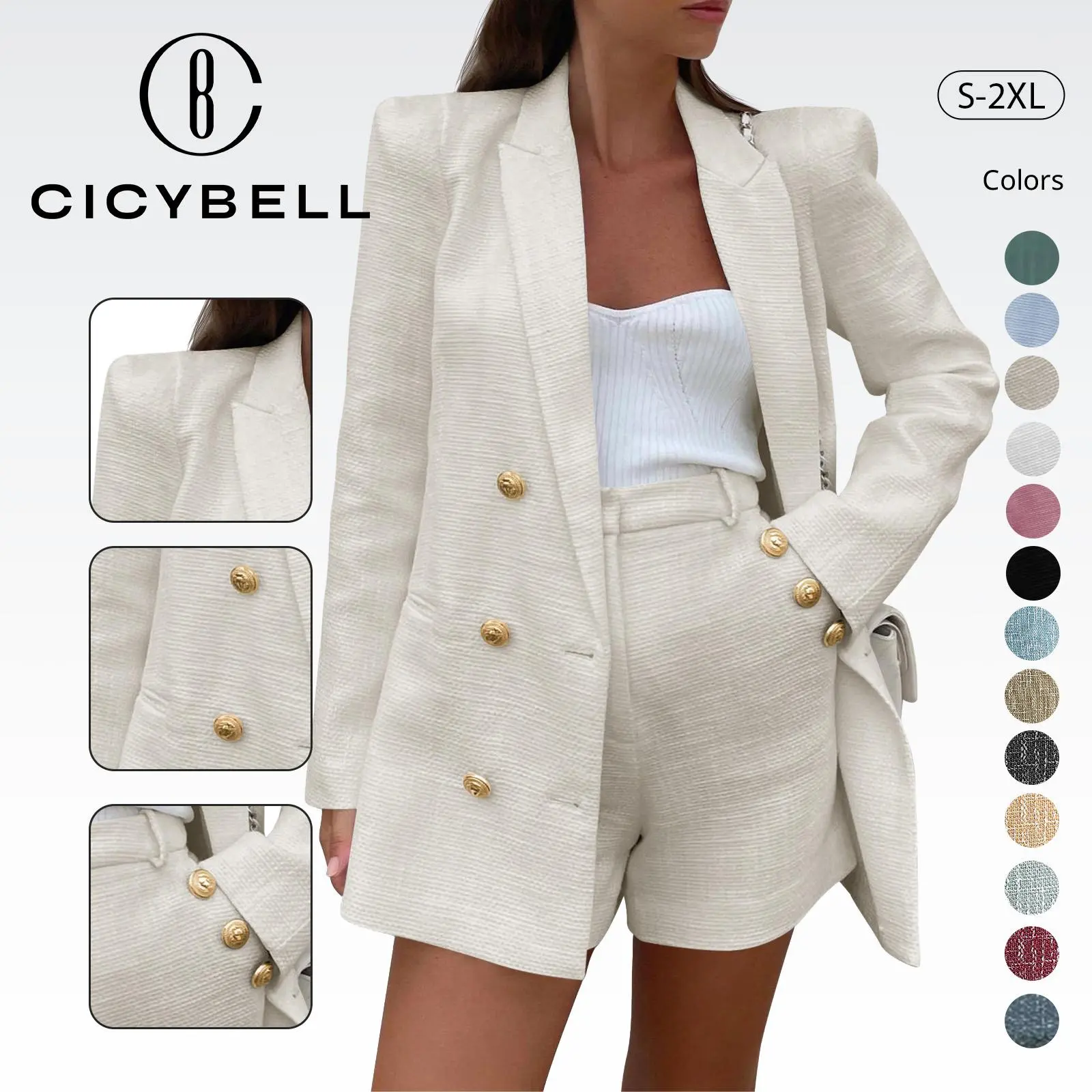 Cicy Bell Women's 2-Piece Minimalist Tweed Blazer Shorts Set - Collared Long-Sleeves Double-Breasted Button Suit Jacket, Soft Thick Fitted Fabric, Elegant Professional Business Outfit, Longsleeves