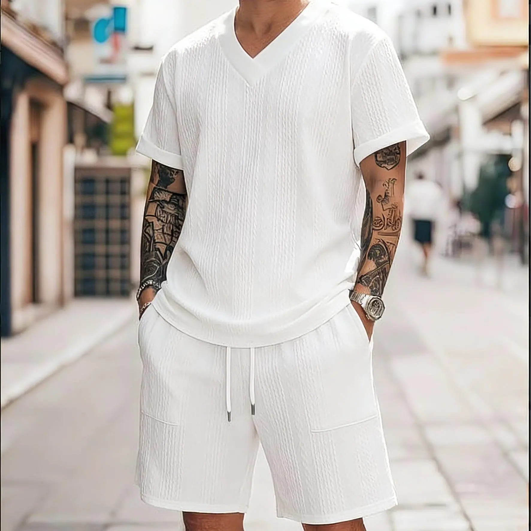 ZAFUL Men's Geometric Jacquard Textured V-neck Short Sleeves T-shirt And Drawstring Shorts Set  Menswear men's 2 piece set Suits Tropical Shortsleeve casual outfit set Loose Fit Men's Summer Tracksuit conjunto  para  hombre Linen Beach Outfit Set for Men