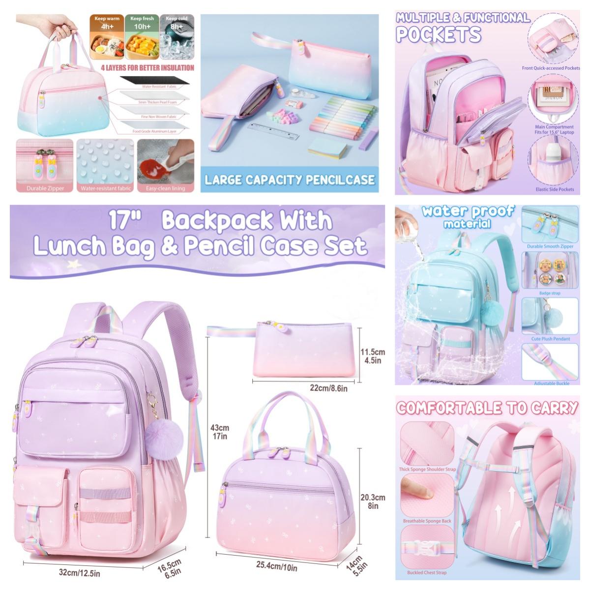 Fimibuke 3PCS Waterproof Oxford Cloth Backpack for School,Bookbag Set with Lunch Box & Pencil Case,colorful/Laptop/Corduroy/Embroidery school bag for Elementary Middle High School,Backpag with Stationery,Back to School Gift,Birthday's Gift
