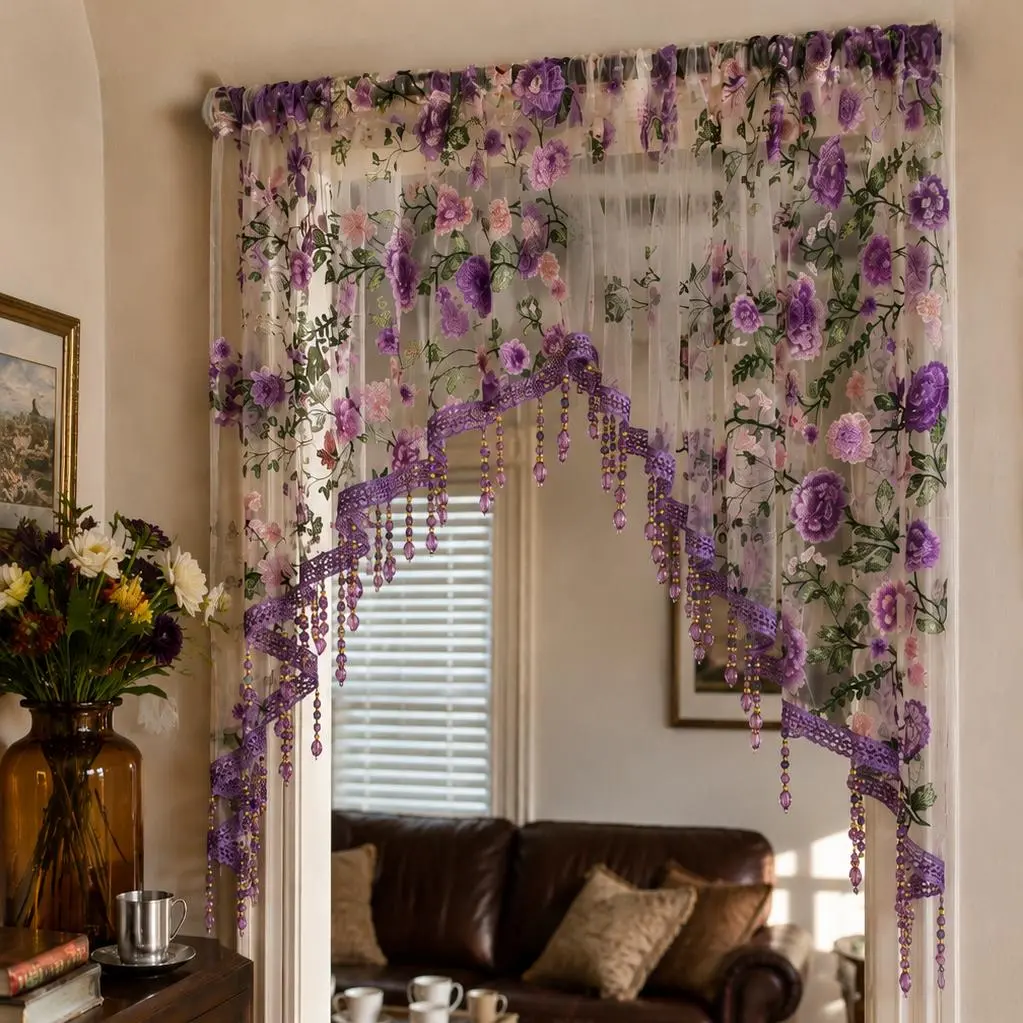 Vintage French Country Whimsy Purple Rose Embroidery Arched Valance Curtain - Beaded Tassels, Romantic Room Decor, House Decor, Curtains for Bedroom, Bedroom Inspo, Home