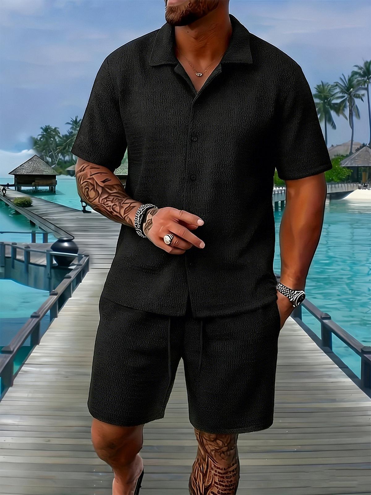 Men's solid color summer vacation set, regular style, paired with textured button down short sleeved shirt and matching drawstring shorts, easily interprets the exquisite coastal style, casual travel, vacation and leisure SpringStatements Clothes Beige