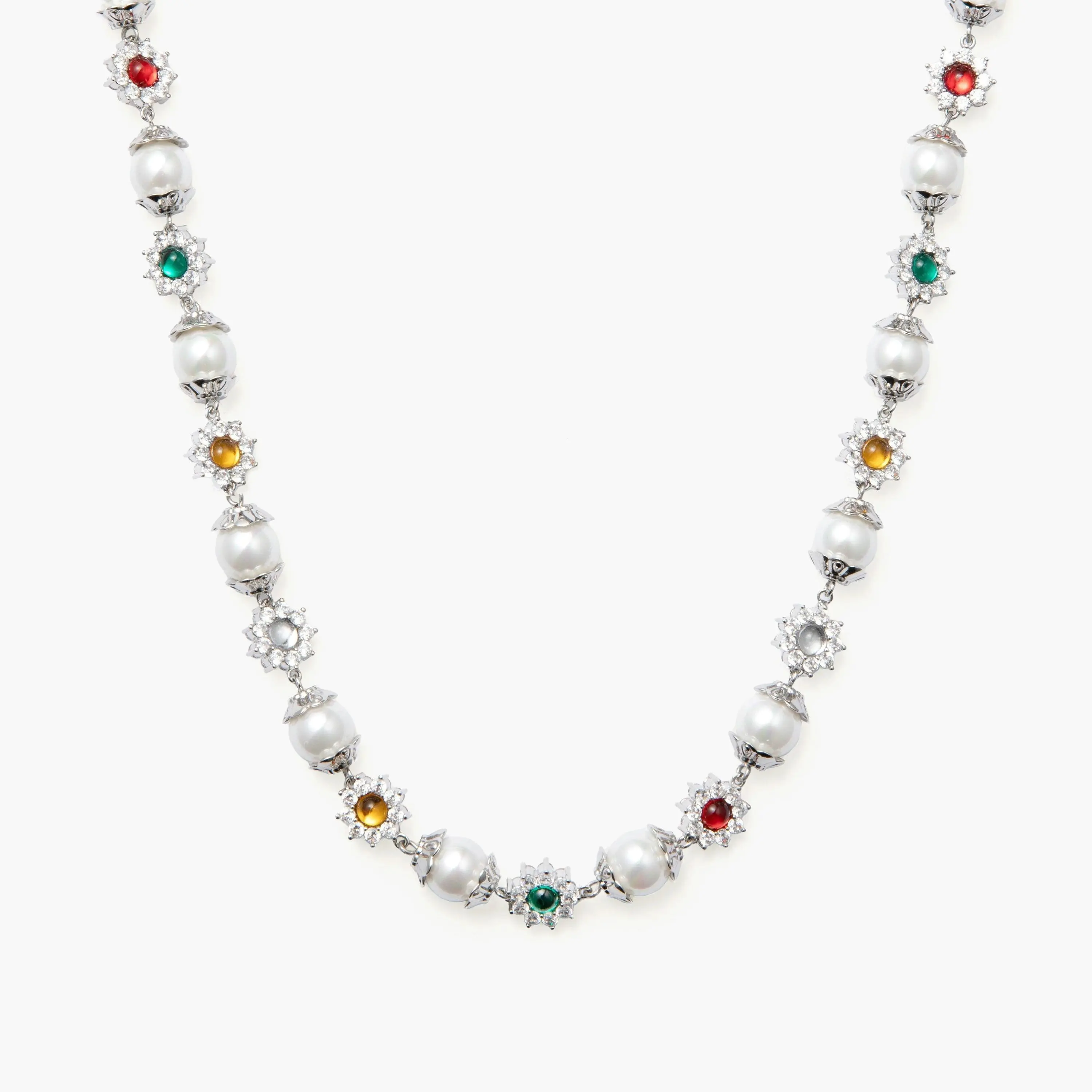 en route Daisy Pearl Necklace in Silver, Elegant Silver-tone with Pearls and Vibrant Gemstone Blooms, A Modern Statement Piece for Bold Layering