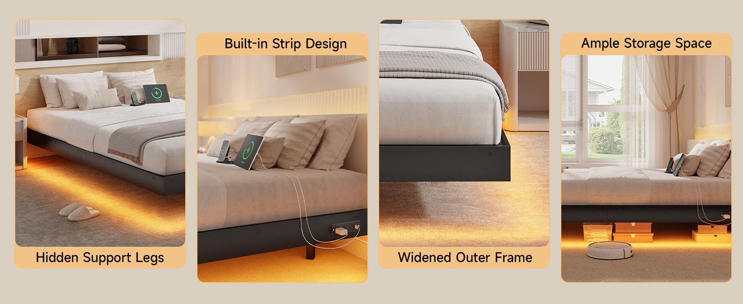 【SPOTLIGHT DAY】ONBRILL LED Floating Bed Frame, Full/Twin/Queen/King Bed Frame with Smart LED Lights & Power Outlet, Heavy Duty Metal Platform Bed Frame, Camas Queen, Easy Assembly, Bedroom Furniture, Black