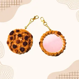 1pc Mirror Key Chain Bag Charm Chocolate Chip Cookie Design with Fuzzy Texture and Gold/Silver Clasp for Easy Attachment