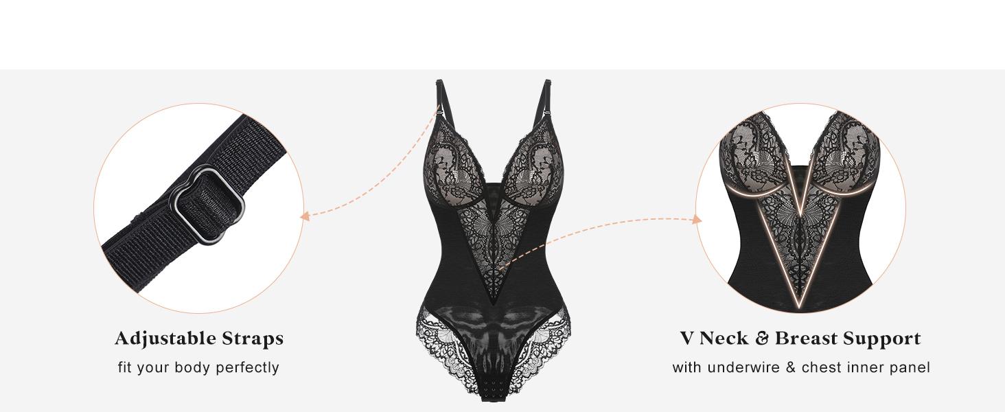 Popilush Deep-V Neck Built-in Shaper Lace Bodysuit Elegant Adjustable - live Popilush Deep-V Neck Built-in Shaper Lace Bodysuit Elegant Adjustable - live