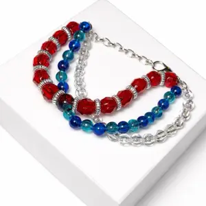 Red White and Blue Themed Handmade Bracelet with Three Rows on Stretch Cord for Adjustment