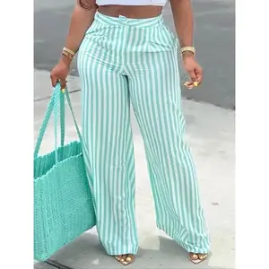 Women's Striped Print Pocket Wide Leg Pants, Casual Comfy High Waist Trousers for Daily Wear, Ladies Bottoms for All SeasonsGift