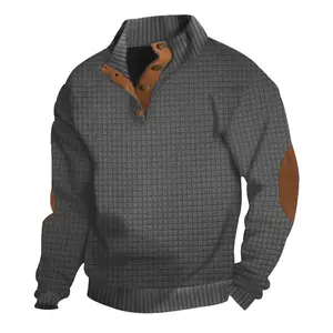 Men's Casual Stand Collar Long Sleeve Small Checkered Knit Sweatshirt