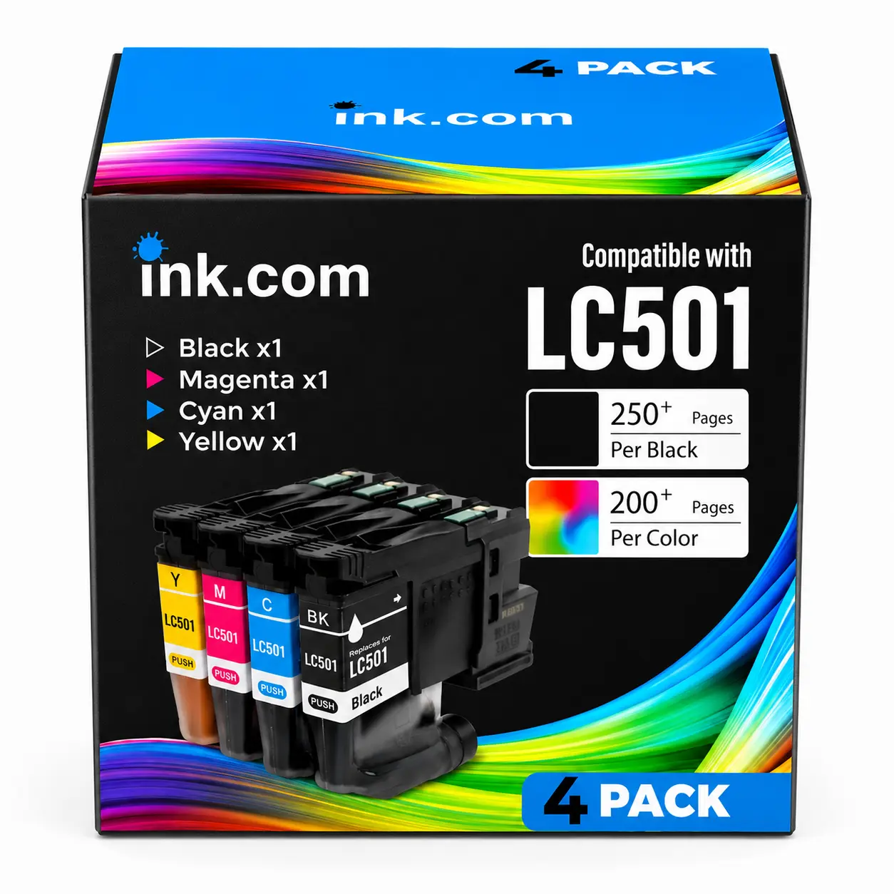 Compatible Brother LC501 Colored Liquid Ink Cartridge 4-Pack - For Ink.com, MFC-J1260W/J1360DW/J1410DW Models - Cyan Included, Easy Installation, 450 Pages Per Cartridge, Vibrant Color Output, Reduced Streaking, Consistent Print Quality, Full Color Covera