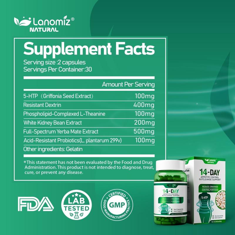 LANOMIZ White Kidney Bean Extract Complex for Carb & Starch Management, with 5-HTP & Probiotics, 60 Capsules, Pre-Meal Support, Vegan, Gluten-Free, Non-GMO - Dietary Supplement