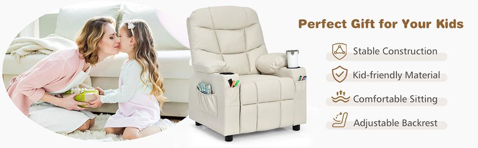 COSTWAY Kids Recliner Chair with Cup Holder, Adjustable Lounge Chair w/Footrest & Side Pockets for Children Boys Girls Room, Ergonomic Toddler Furniture Sofa, Kids Recliner,Christmas Festival Gift Black Friday Cyber Monday