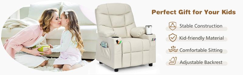 COSTWAY Kids Recliner Chair with Cup Holder, Adjustable Lounge Chair w/Footrest & Side Pockets for Children Boys Girls Room, Ergonomic Toddler Furniture Sofa, Kids Recliner,Christmas Festival Gift Black Friday Cyber Monday