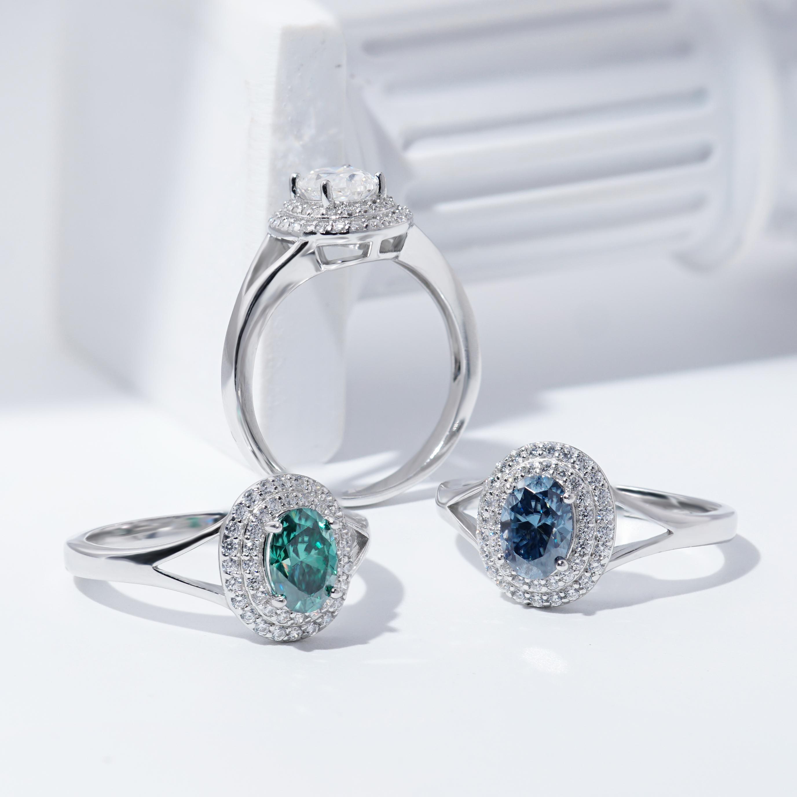 Delzzad 1ct Oval Synthetic Moissanite Double Halo Ring In 925 Sterling Silver Ring Band Jewelry Perfect Birthday Engagement Wedding Anniversary Christmas Gift for Women