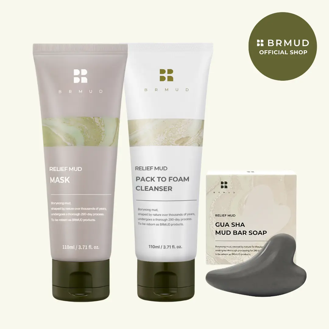 [Official Shop] BRMUD Korean Skin Care Kit - Daily Selfcare Facial Spa Bundle with 110ml Clay Relief Mud Mask, 110ml Pack-to-Foam Cleanser, 100g Gua Sha Soap for Soothe Irritated Skin, Cleansing, Pore Care