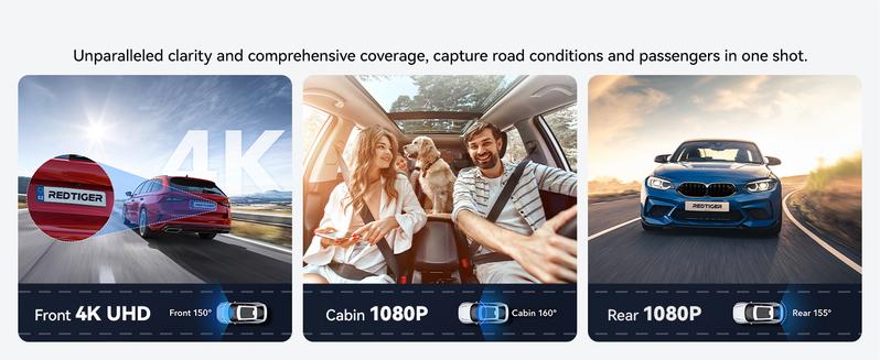 REDTIGER F17 4K 3-Channel Dash Cam with 5GHz WiFi GPS, 64GB Card, 2160P+1080P+1080P, Triple Car Camera, IR Night Vision, Parking Mode-Holiday Haul