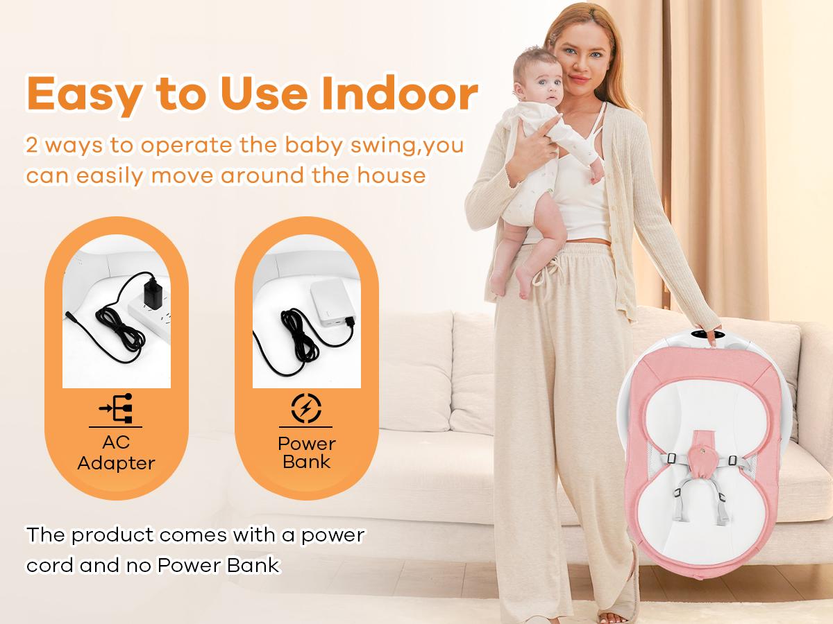 Baby Electric Bouncer, Baby Rocker, Electric swing, 5 Speed & 10 Lullabies, Baby Bassinet, Adapter & Battery Powered, For Indoor Use, Remote Control