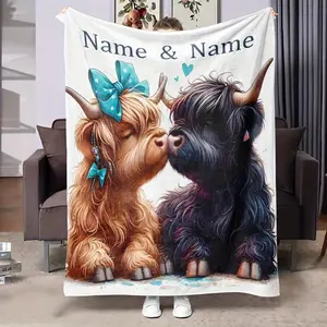 Customized name highland cow blanket personalized text, comfortable flannel blanket suitable for all seasons