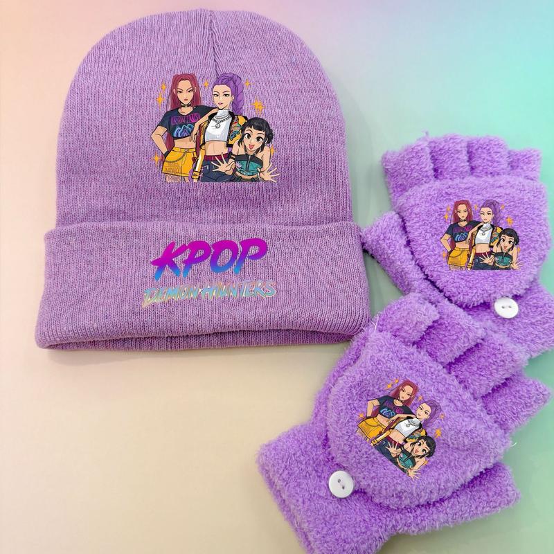 Kpop Anime Emroidered Beanie Hat and Matching Plush Gloves Set Purple Knitted Winter Cap with Rumi Zoey Mira Cartoon Print for Autumn and Winter Wear