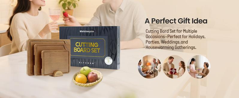 Welsteepse 3-Piece Bamboo Cutting Board Set Extra Large and Thicken Chopping Boards, with Storage Stand, Deep Juice Grooves, Non-Slip Rubber Feet, Double Handles and Premium Gift Box Cheese Boards for Cooking and Hosting