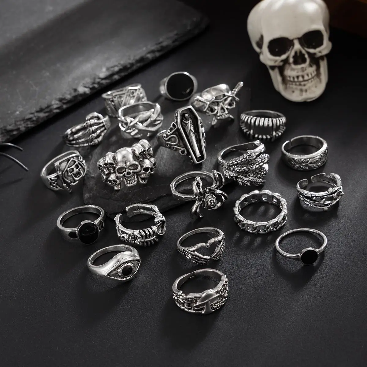 Unisex 20-Piece Retro Gothic Punk Stacking Ring Set - Adjustable Metallic Alloy Wearable Rings with Snake Spider Skull Logo, Open Knuckle Hip-Hop Accessories for Men Women, Gothic Style Rings