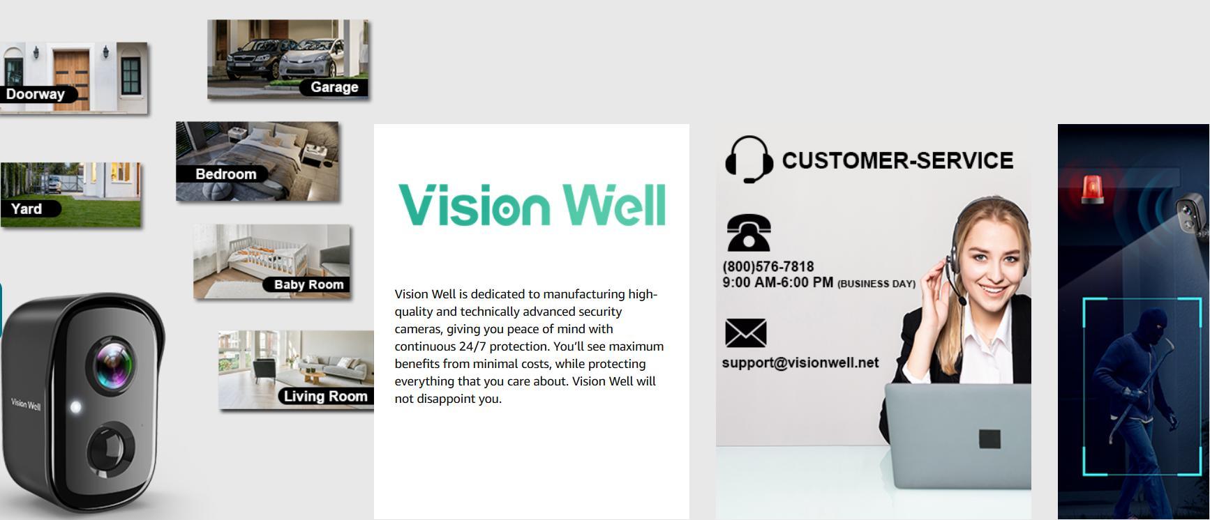 Vision Well Wireless Security Home Camera, AI PIR Sensor, Two-Way Talk, Smart Instant Siren, IP65 Waterproof, Support SD Card and Cloud Storage