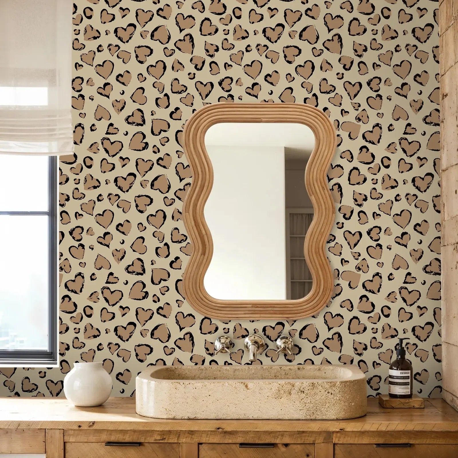 A roll of brown heart-shaped leopard print self-adhesive wallpaper, Bohemian style, Boho Wallpaper, waterproof, peel and stick, easy to remove without leaving glue, Valentine's Day decoration, suitable for home decoration, Interior walls