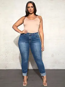 Plus Size High-Waisted Skinny Jeans with Rolled Frayed Cuffs Curvy Fit Tummy Control Denim Basic Style