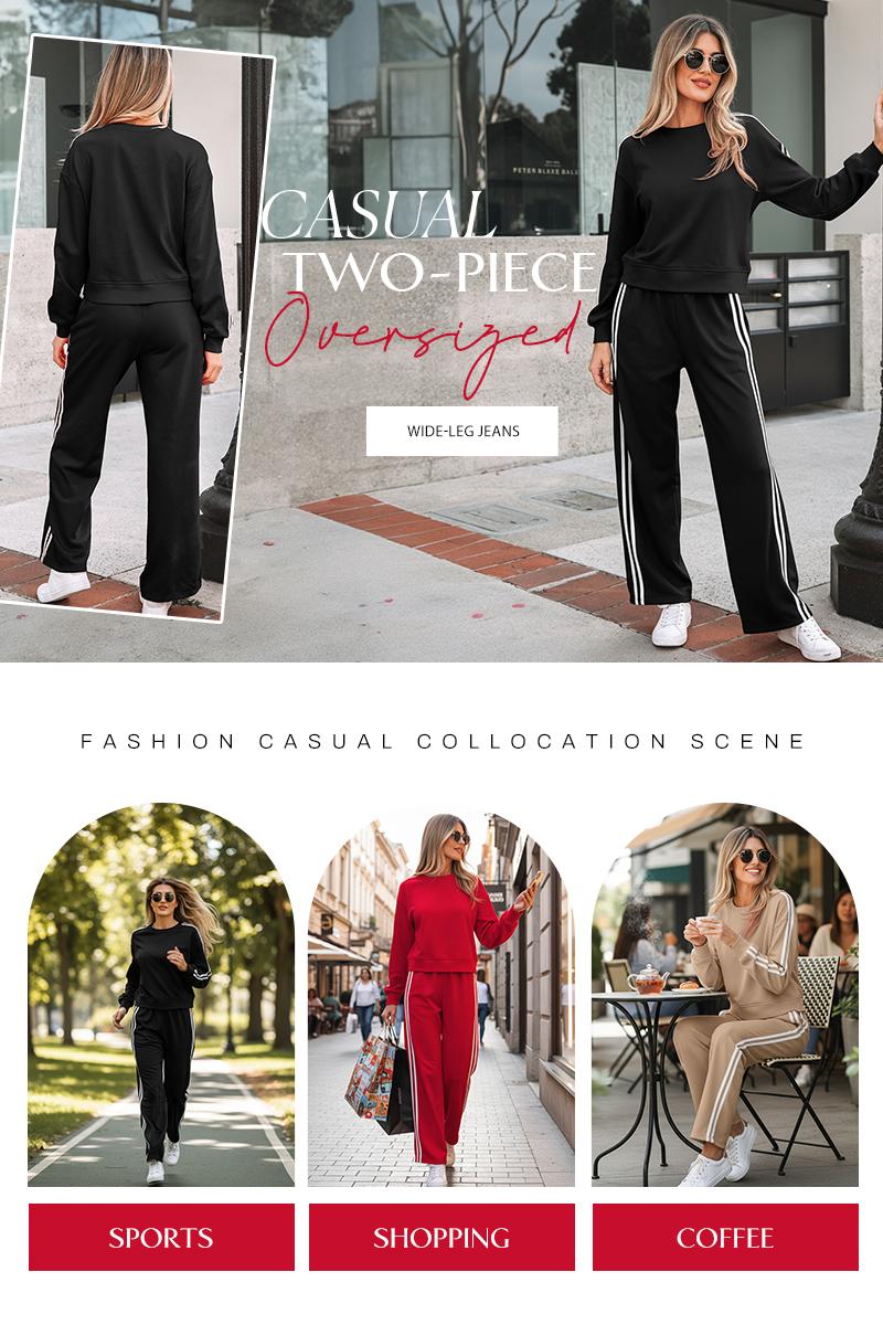 Dear-Lover Varsity Striped Detail Crewneck Pullover and Elastic Waist Loose Sweatpants Outfit, Colorblock Stripe 2Pcs Sweatsuit Casual Womenswear Sporty