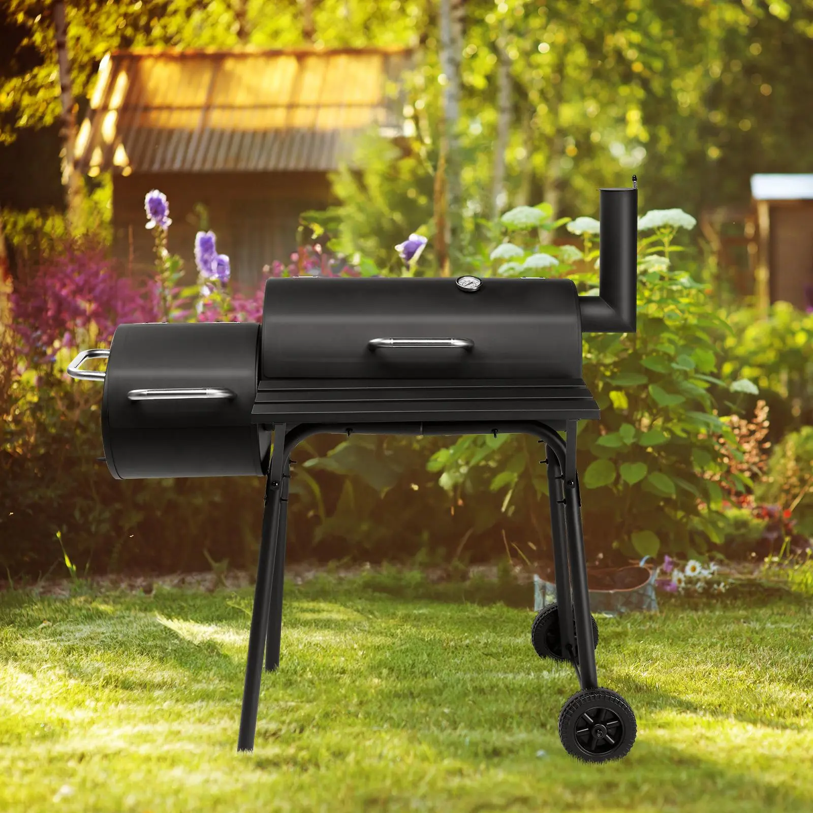 Barrel Charcoal Grill with Offset Smoker, All-Metal Outdoor Grill-Smoker with Side Table and Transport Wheels for Garden, Patio Backyard Cooking